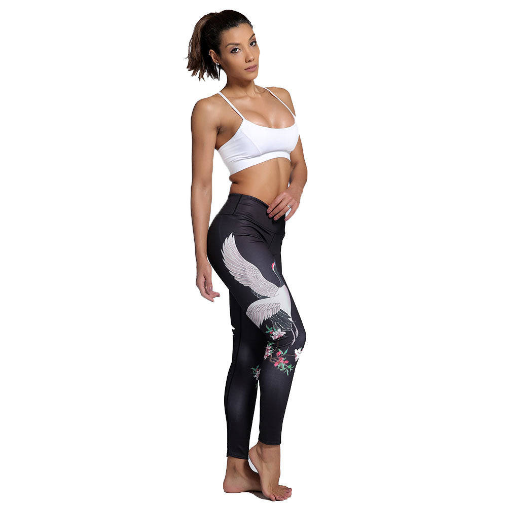 Japanese Crane Pattern Women's Yoga Pants High Waist Leggings with Pockets  Gym Workout Tights