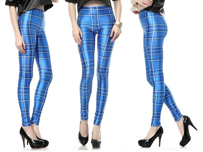 One Size Blue Checkered Plaid Print Leggings